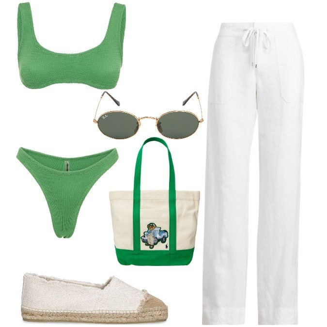 Outfit donna - Total look #1925251. Stile Casual chic per Mare. Abbinamento con pantaloni, borse tote, occhiali da sole, espadrillas, bikini.