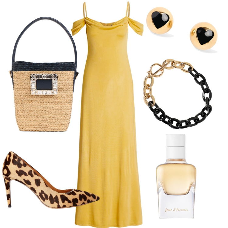 Outfit donna - Total look #1925253. Stile Chic per Serata fuori. Abbinamento con profumi, vestiti lunghi, décolleté, orecchini, collane, borse a mano.