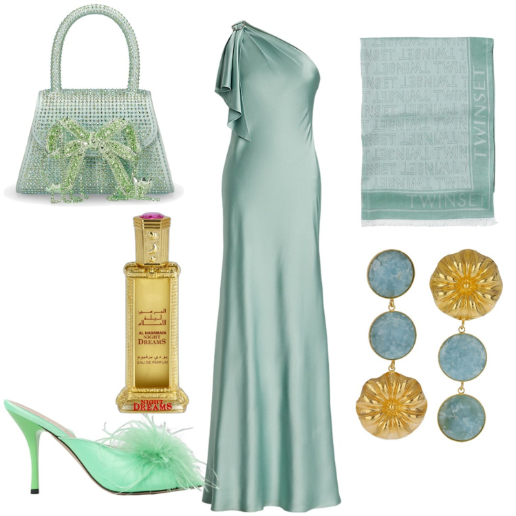 Outfit donna - Total look #1925259. Stile Chic per Serata fuori. Abbinamento con profumi, vestiti asimmetrici, orecchini, borse a mano, sandali col tacco, sciarpe.