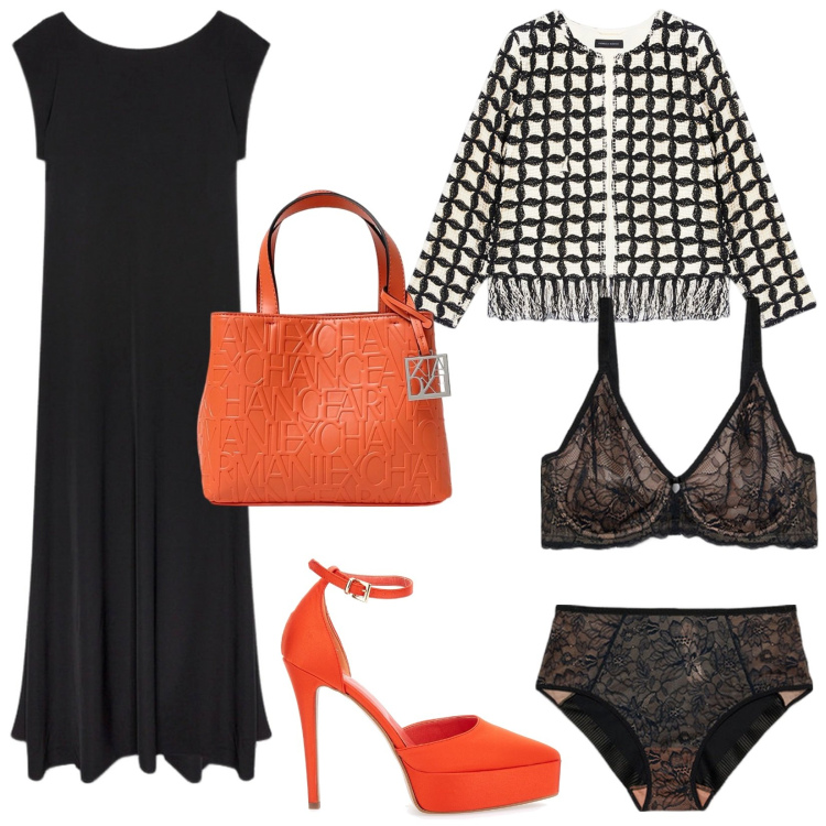 Outfit donna - Curvy in discoteca. Stile Casual chic per Serata fuori. Abbinamento con culotte, reggiseni, vestiti lunghi, blazer, borse a mano, décolleté.