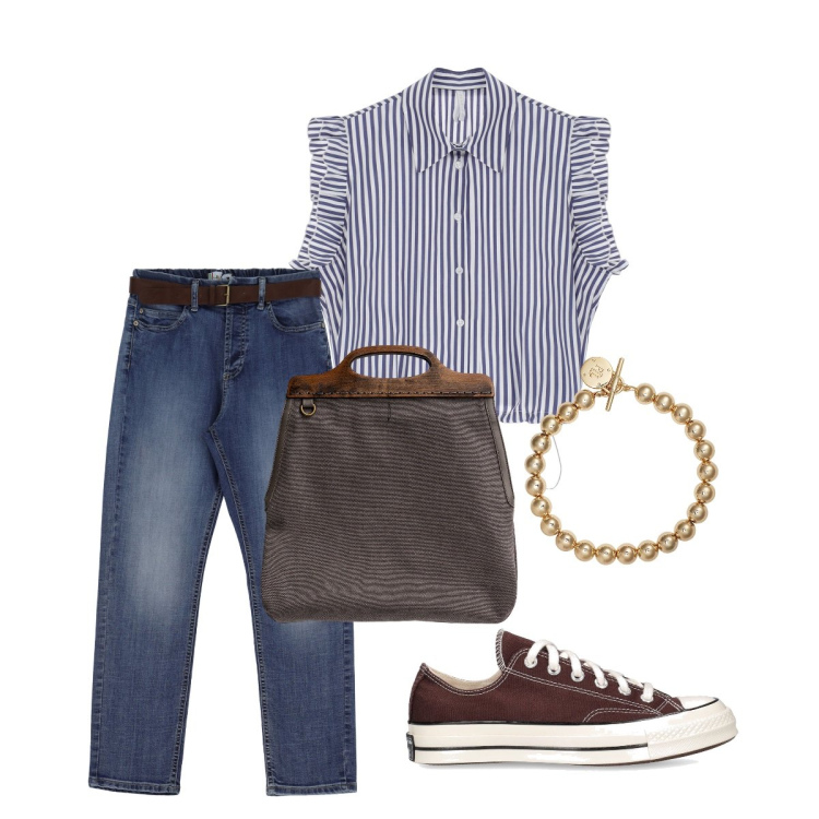 Outfit donna - Voglia di jeans e di un po’ di fresco. Stile Minimal per Scuola/Università. Abbinamento con jeans slim fit, camicie a manica corta, braccialetti, borse a tracolla, sneakers.