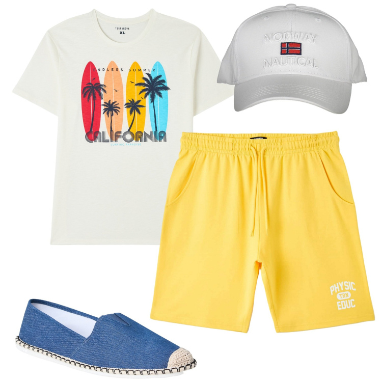 Outfit uomo - Mare. Stile Casual per Mare. Abbinamento con t-shirt, espadrillas, bermuda, cappelli con visiera.