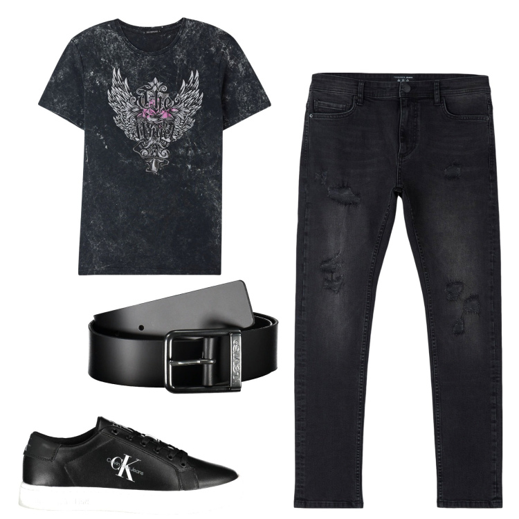 Outfit uomo - Total look #1925301. Stile Biker Rock per Serata speciale. Abbinamento con jeans strappati, t-shirt, cinture, sneakers.