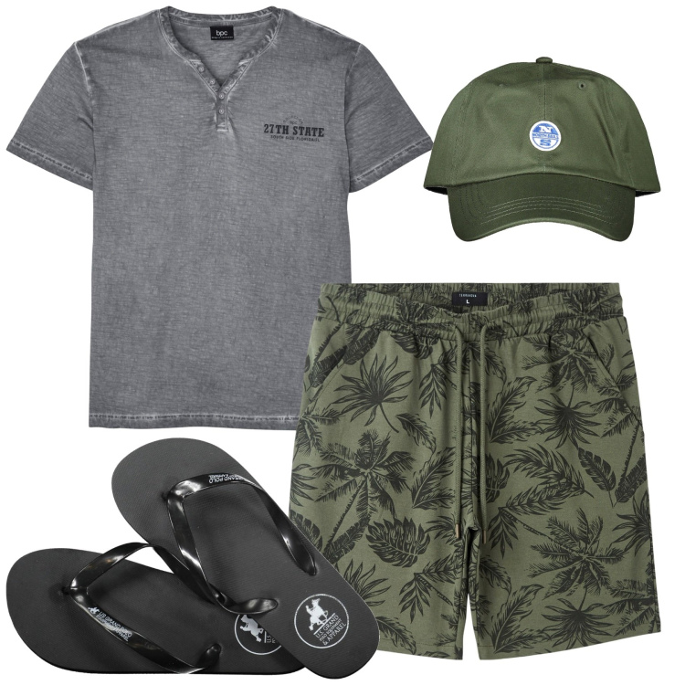 Outfit uomo - Total look #1925307. Stile Casual per Mare. Abbinamento con t-shirt, bermuda, cappelli con visiera, sandali.