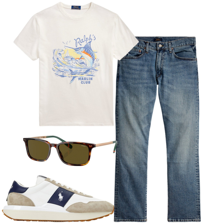 Outfit uomo - Total look #1925313. Stile Urban per Tutti i giorni. Abbinamento con sneakers, jeans dritti, occhiali da sole, t-shirt.