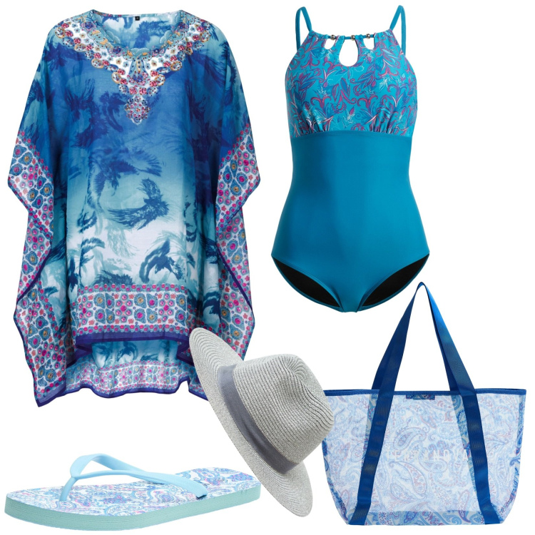 Outfit donna - Blu mare. Stile Casual per Mare. Abbinamento con costumi interi, vestiti da spiaggia, shorts, cappelli, shopping bag, infradito.