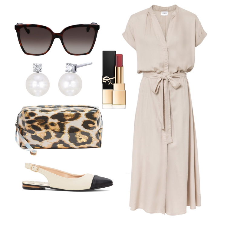 Outfit donna - Ghost outfitter - luglio. Stile Chic per Tutti i giorni. Abbinamento con vestiti chemisier, ballerine, rossetti, valigie, orecchini, occhiali da sole.