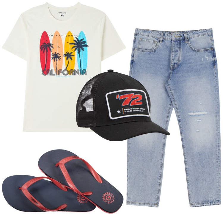 Outfit uomo - Total look #1925325. Stile Trendy per Tutti i giorni. Abbinamento con cappelli, t-shirt, jeans slim fit, sandali.