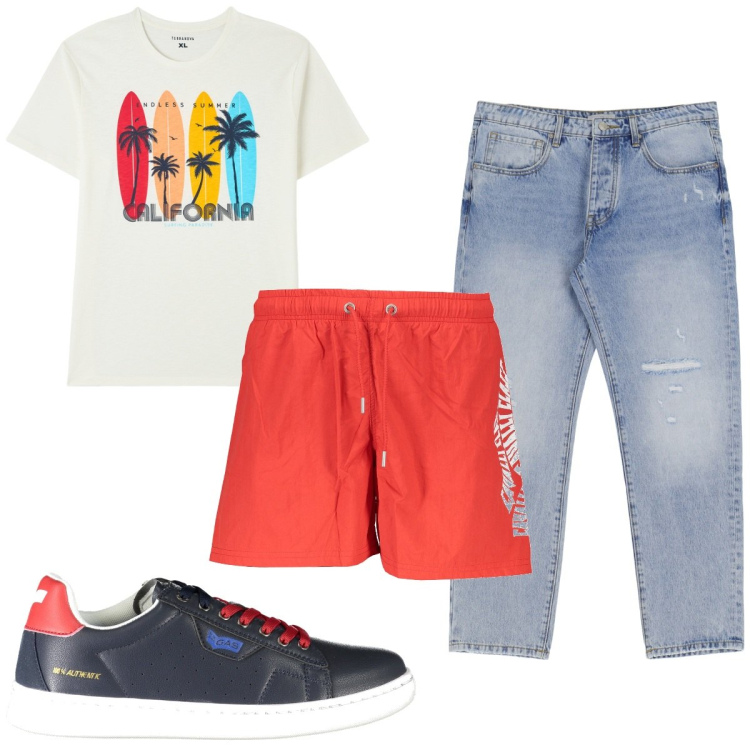 Outfit uomo - Total look #1925328. Stile Trendy per Mare. Abbinamento con t-shirt, jeans slim fit, costumi, sneakers.