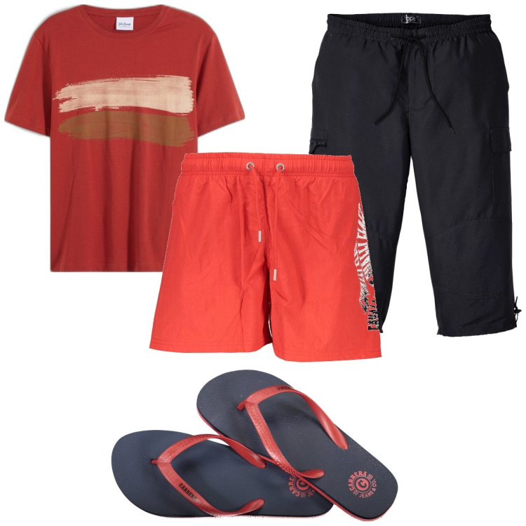 Outfit uomo - Total look #1925330. Stile Trendy per Mare. Abbinamento con pantaloni capri, t-shirt, sandali, costumi.