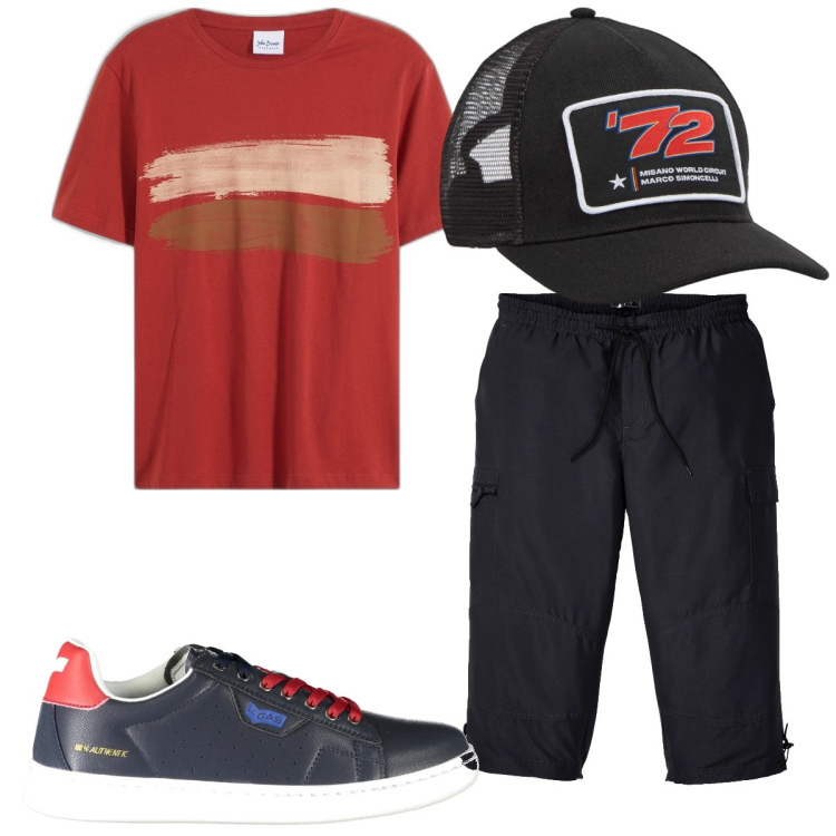 Outfit uomo - Total look #1925332. Stile Trendy per Mare. Abbinamento con t-shirt, pantaloni capri, cappelli, sneakers.
