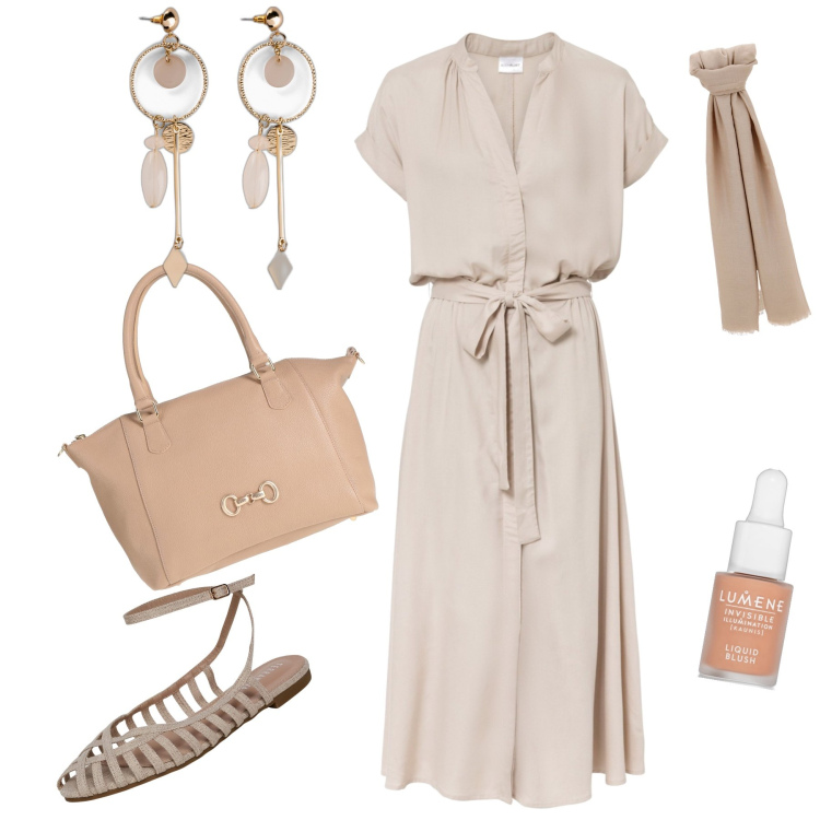 Outfit donna - Toni neutri. Stile Urban per Tutti i giorni. Abbinamento con vestiti chemisier, orecchini, borse a mano, blush, ballerine, foulard.