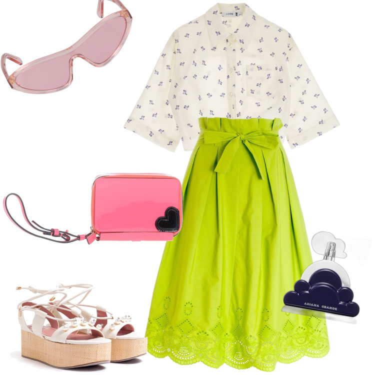 Outfit donna - Total look. Stile Preppy per Tutti i giorni. Abbinamento con borse a mano, profumi, camicie, gonne longuette, sandali col tacco, occhiali da sole.