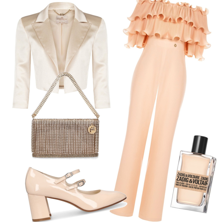 Outfit donna - Tu(t)a una cerimonia. Stile Glamour per Cerimonia. Abbinamento con profumi, bolero, tute, pochette, décolleté.