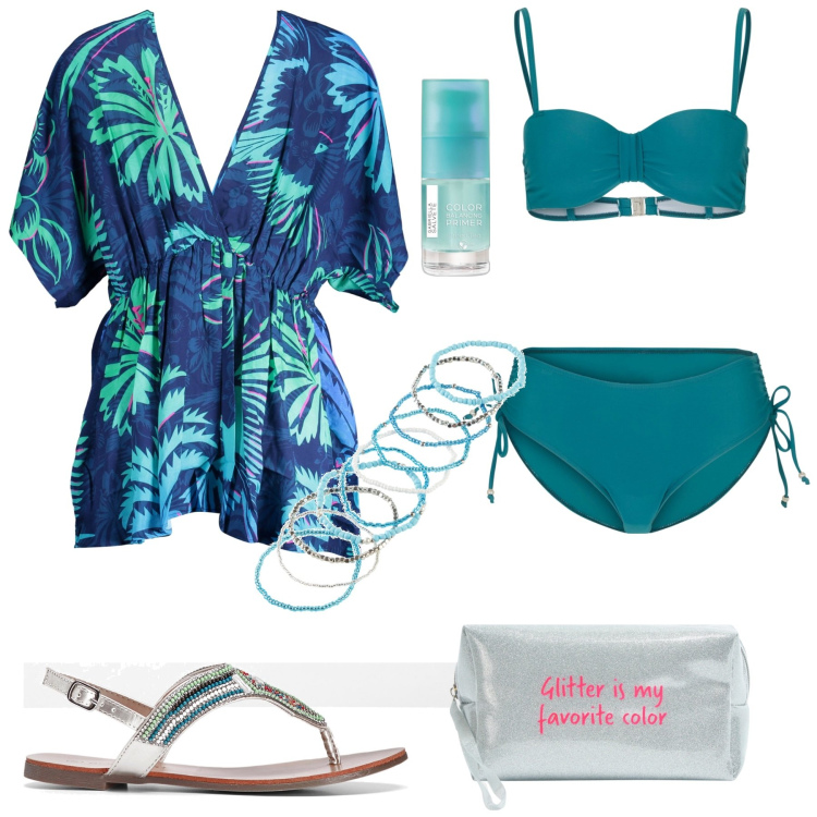 Outfit donna - Al mare. Stile Glamour per Mare. Abbinamento con ciabatte, bikini, braccialetti, primer, valigie, vestiti corti.