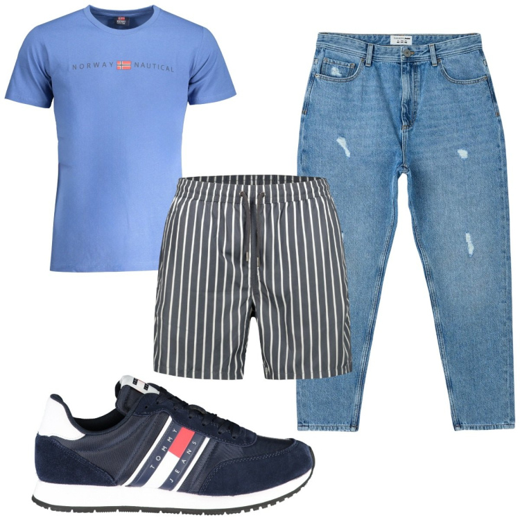 Outfit uomo - Total look #1925345. Stile Trendy per Mare. Abbinamento con jeans strappati, sneakers, costumi, t-shirt.