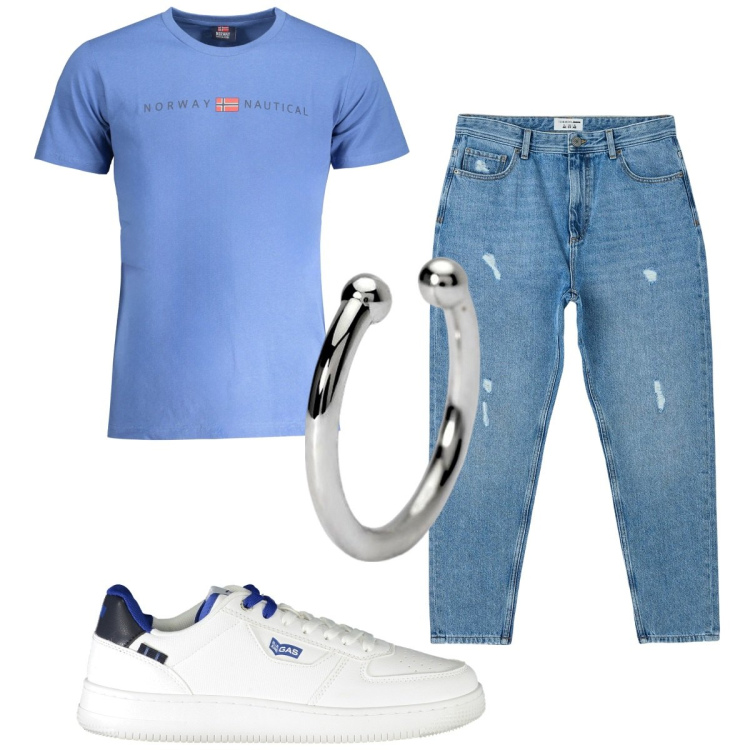 Outfit uomo - Total look #1925346. Stile Trendy per Tutti i giorni. Abbinamento con jeans strappati, orecchini, sneakers, t-shirt.