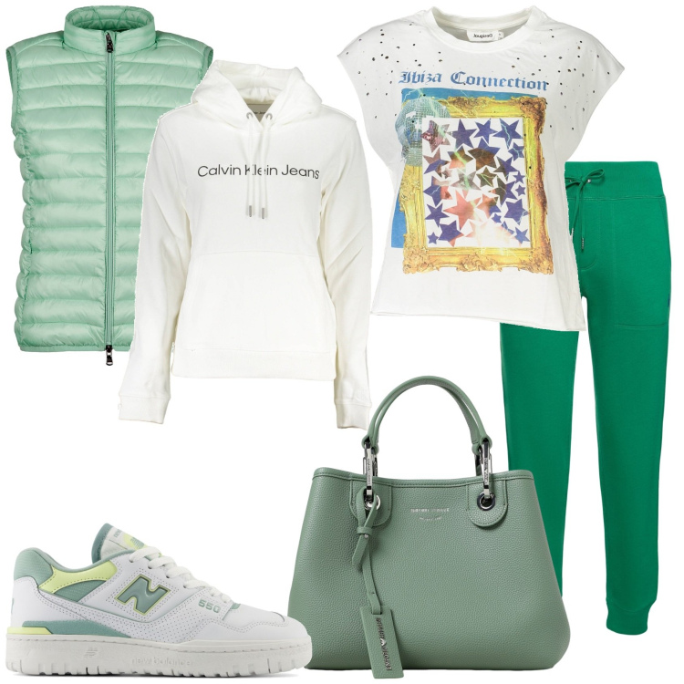 Outfit donna - Il primo freddo. Stile Sporty chic per Tutti i giorni. Abbinamento con sneakers, piumini, pantaloni, t-shirt, borse tote, felpe con cappuccio.