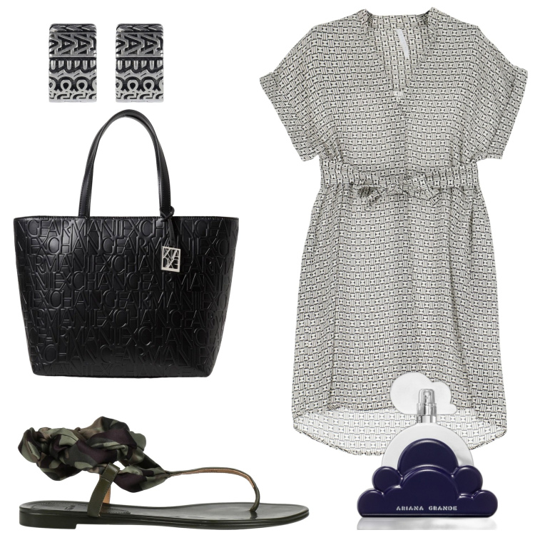 Outfit donna - In ufficio. Stile Minimal per Ufficio. Abbinamento con infradito, profumi, vestiti lunghi, orecchini, borse tote.