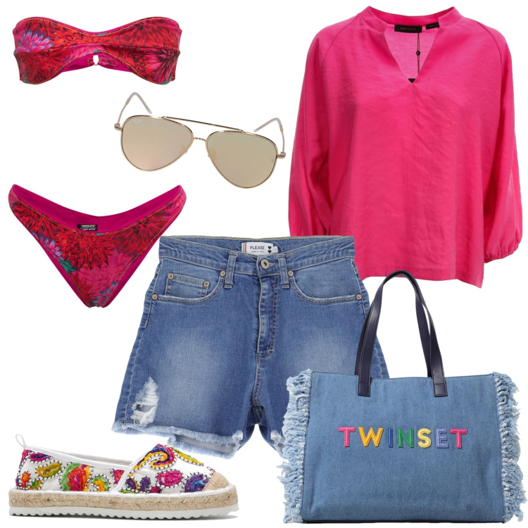 Outfit donna - Jeans e fucsia. Stile Casual per Mare. Abbinamento con espadrillas, shorts, bikini, occhiali da sole, borse tote, bluse.