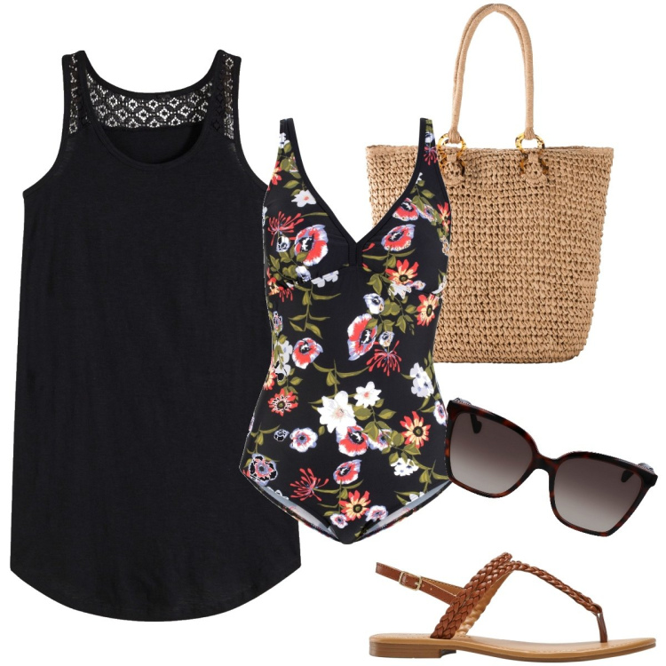 Outfit donna - Il costume a fiori. Stile Casual chic per Mare. Abbinamento con vestiti, costumi interi, ciabatte, shopping bag, occhiali da sole.