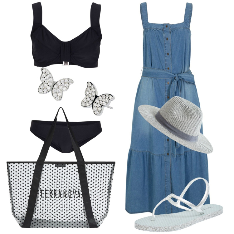 Outfit donna - Total look #1925384. Stile Casual per Tutti i giorni. Abbinamento con bikini, vestiti, sandali, cappelli, shopping bag, orecchini.