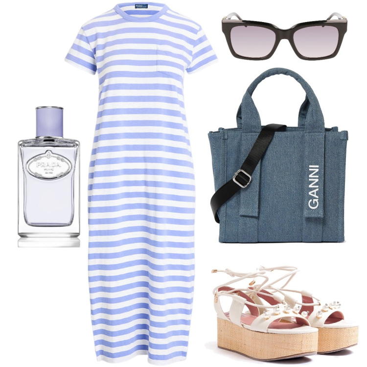 Outfit donna - Il lungo a righe. Stile Casual chic per Tutti i giorni. Abbinamento con profumi, sandali col tacco, vestiti, shopping bag, occhiali da sole.