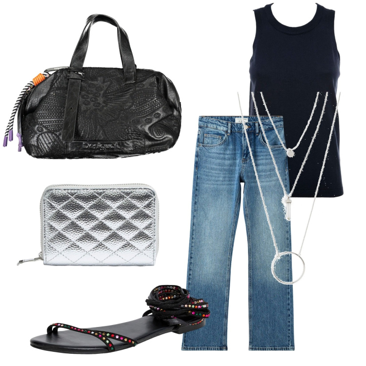 Outfit donna - Total look #1925391. Stile Casual per Tutti i giorni. Abbinamento con ciondoli, sandali alla schiava, jeans slim fit, portafogli, top, collane.