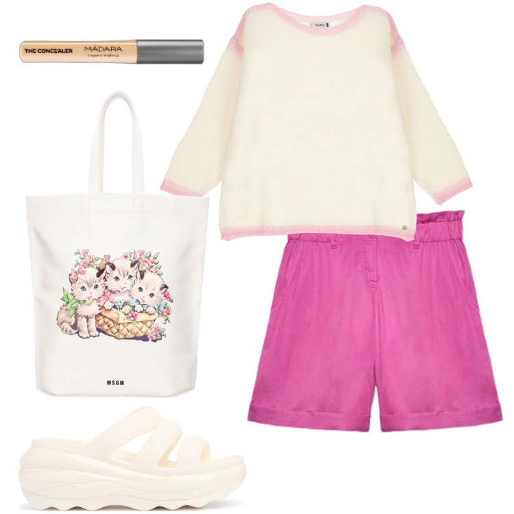 Outfit donna - La shopper con i gattini. Stile Casual chic per Mare. Abbinamento con correttori, pullovers, pantaloni corti, ciabatte, shopping bag.