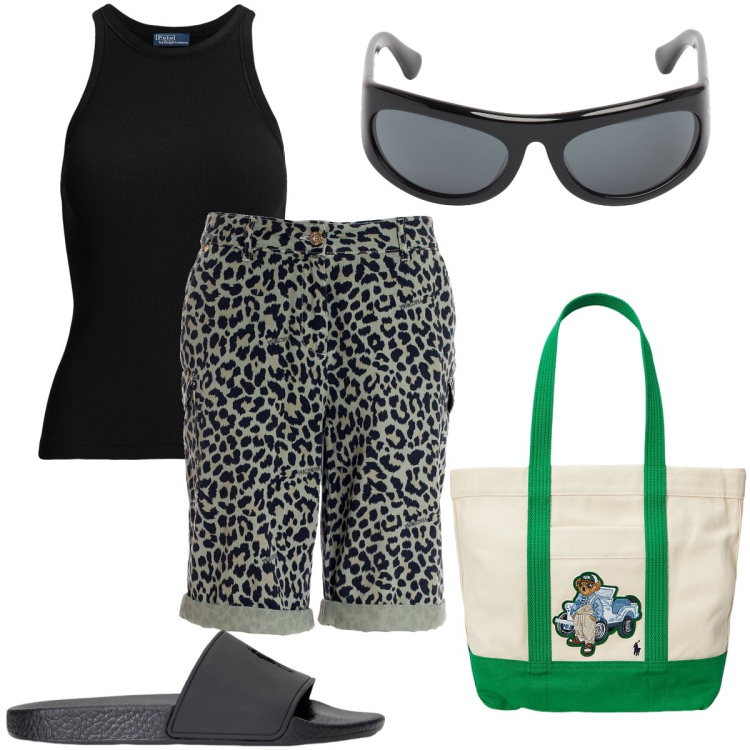 Outfit donna - Le bermuda animalier. Stile Casual per Mare. Abbinamento con bermuda, canottiere, ciabatte, borse tote, occhiali da sole.