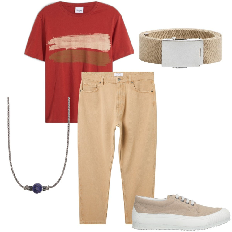 Outfit uomo - La cintura in corda. Stile Urban per Ufficio. Abbinamento con t-shirt, sneakers, cinture, pantaloni, collane.