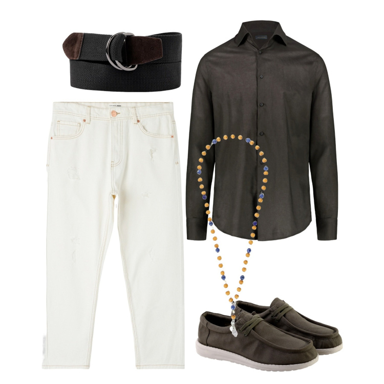 Outfit uomo - Pendant. Stile Casual per Serata speciale. Abbinamento con jeans strappati, collane, scarpe stringate, cinture, camicie.