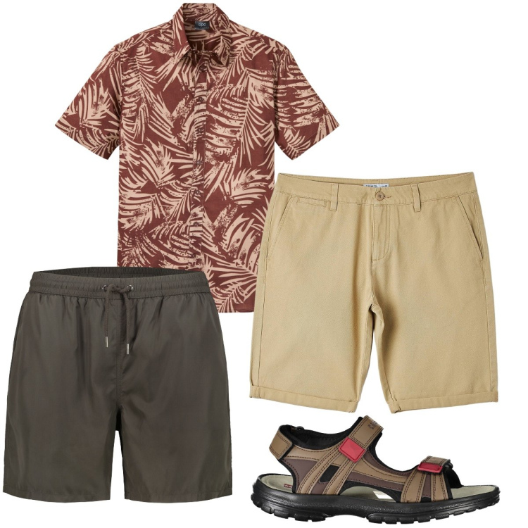 Outfit uomo - Giornata al mare. Stile Casual per Mare. Abbinamento con camicie a manica corta, bermuda, sandali, costumi.