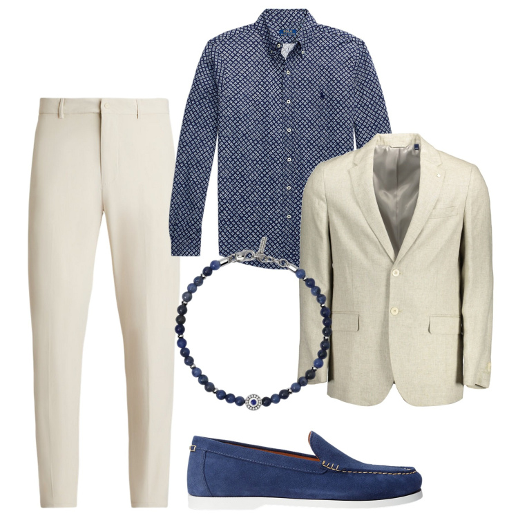 Outfit uomo - Blu di fondo. Stile Trendy per Tutti i giorni. Abbinamento con braccialetti, scarpe stringate, camicie, pantaloni, giacche.