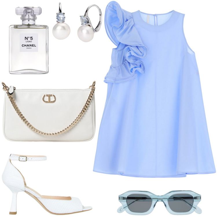 Outfit donna - Abitino con Rouches. Stile Chic per Tutti i giorni. Abbinamento con profumi, orecchini, vestiti corti, décolleté, occhiali da sole, borse a spalla.