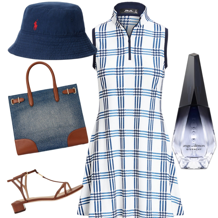 Outfit donna - Simply chic. Stile Urban per Tutti i giorni. Abbinamento con profumi, cappelli, vestiti, sandali in pelle, borse tote.