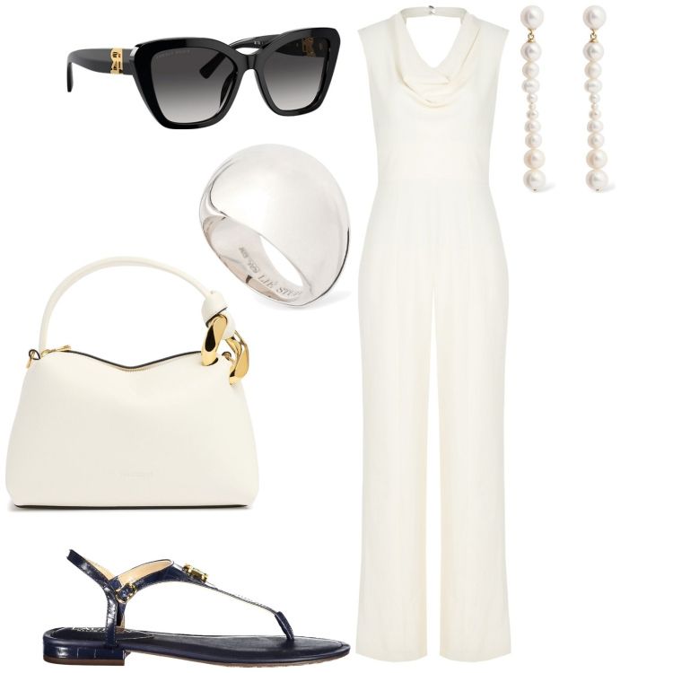 Outfit donna - Abbinare una tuta color madreperla. Stile Chic per Ufficio. Abbinamento con tute, occhiali da sole, infradito, borse a mano, orecchini, anelli.