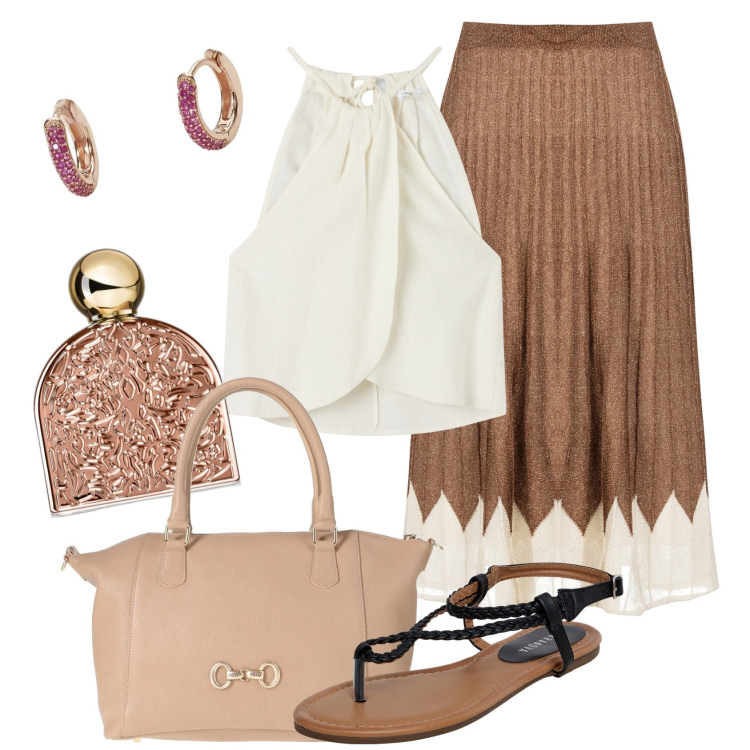 Outfit donna - Classy chic. Stile Chic per Tutti i giorni. Abbinamento con borse a mano, profumi, ciabatte, top, orecchini, gonne longuette.