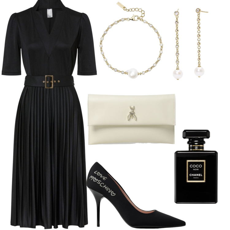 Outfit donna - Abito nero plissettato. Stile Chic per Serata fuori. Abbinamento con vestiti midi/longuette, profumi, orecchini, braccialetti, décolleté, clutch.