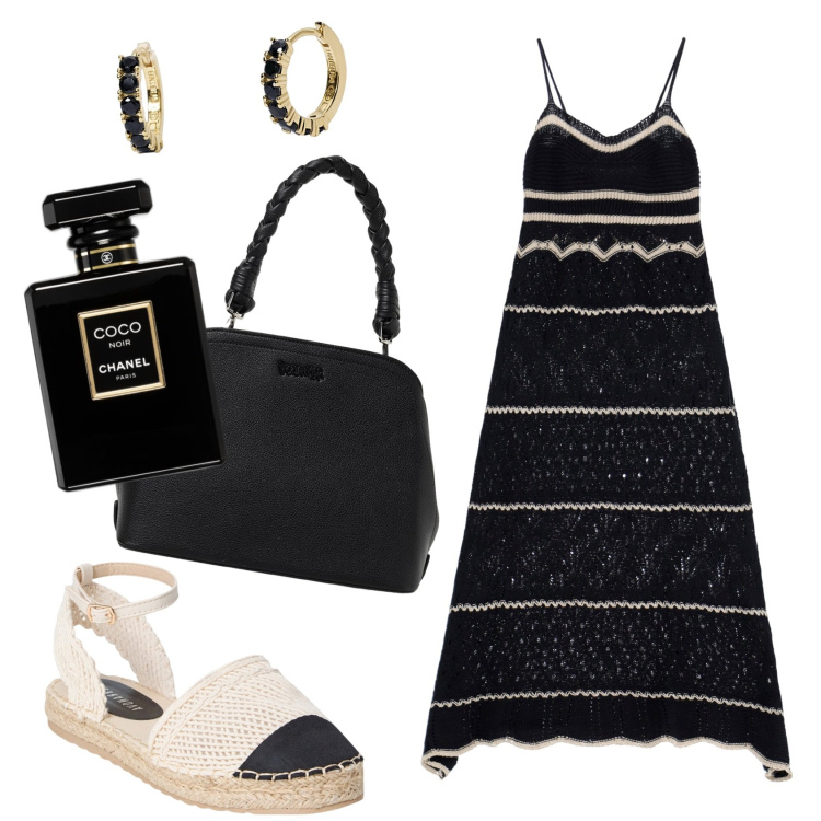 Outfit donna - Espadrillias glamour. Stile Glamour per Tutti i giorni. Abbinamento con profumi, espadrillas, orecchini, vestiti lunghi, borse a spalla.