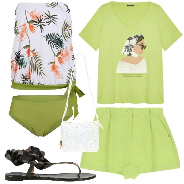 Outfit donna - Verde acido. Stile Casual chic per Mare. Abbinamento con costumi interi, infradito, shorts, borse a tracolla, t-shirt.