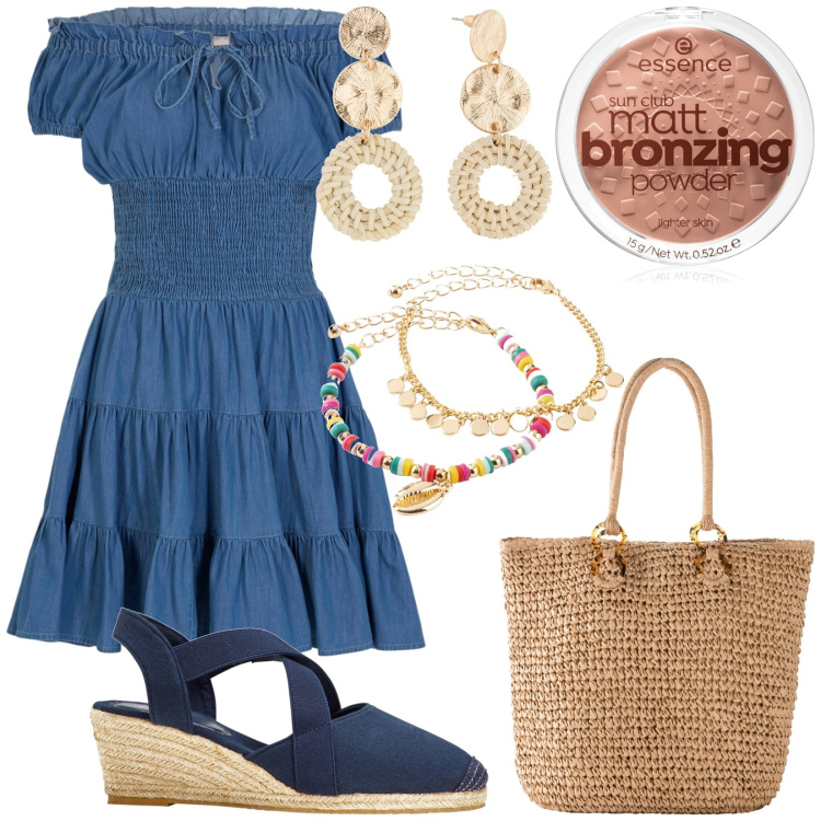 Outfit donna - Total look #1925470. Stile Boho per Mare. Abbinamento con sandali col tacco, vestiti corti, shopping bag, braccialetti con ciondoli, orecchini, terre.