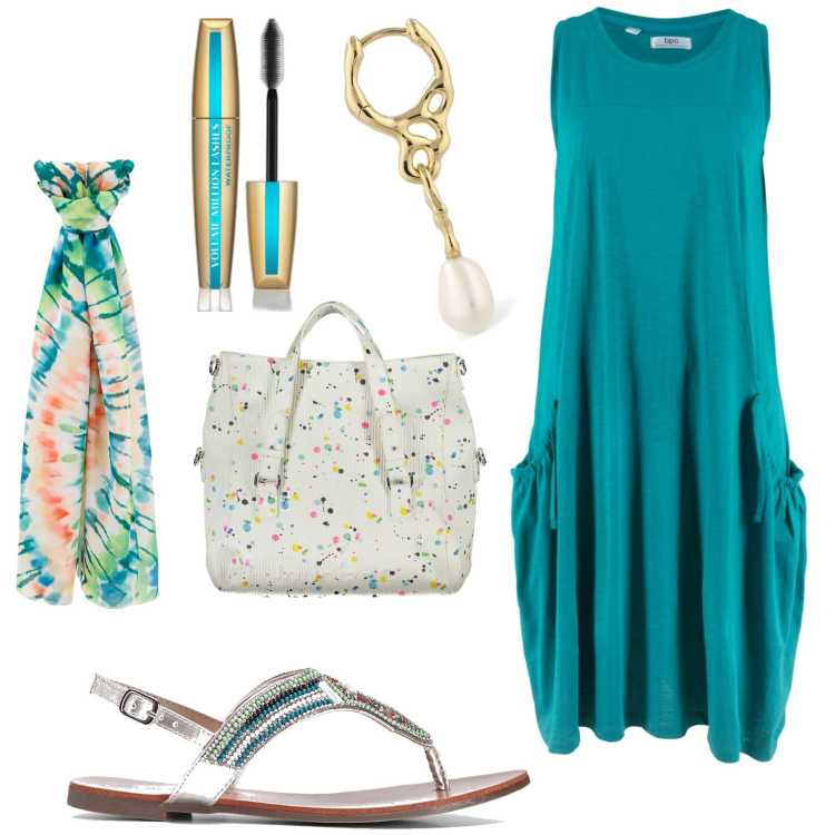 Outfit donna - Total look #1925480. Stile Casual per Tutti i giorni. Abbinamento con vestiti, ciabatte, mascara, sciarpe, borse a spalla, orecchini.