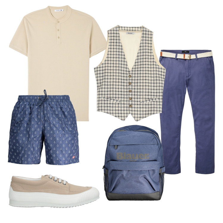 Outfit uomo - Weekend al mare!!!. Stile Casual per Mare. Abbinamento con pantaloni chino, sneakers, t-shirt, gilet, borse sportive, costumi.