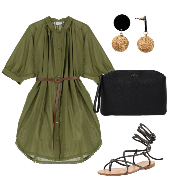Outfit donna - Pizza in spiaggia al tramonto. Stile Casual chic per Serata fuori. Abbinamento con orecchini, sandali alla schiava, vestiti corti, clutch.