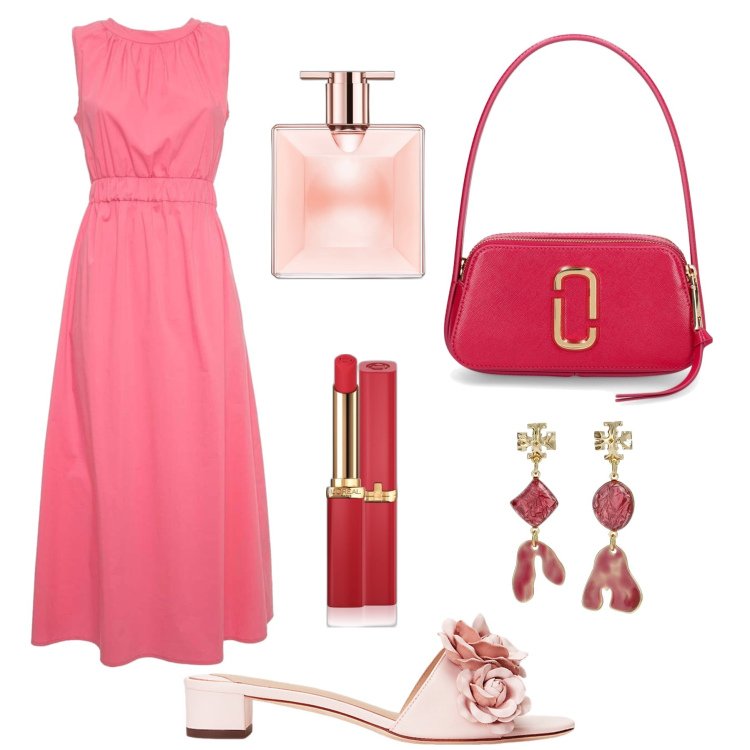 Outfit donna - Serata rosa e amarena. Stile Chic per Serata fuori. Abbinamento con rossetti, profumi, sandali in pelle, vestiti lunghi, orecchini, borse a spalla.