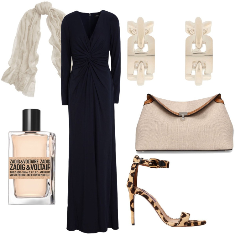 Outfit donna - I sandali leopardati. Stile Chic per Serata fuori. Abbinamento con vestiti lunghi, orecchini, profumi, sandali col tacco, sciarpe, clutch.