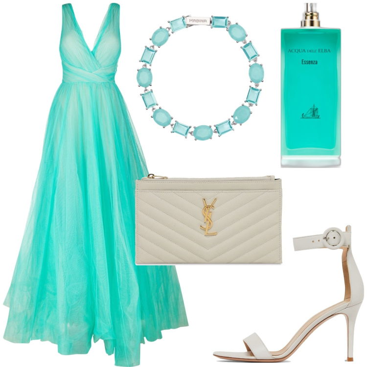 Outfit donna - Total look #1925513. Stile Glamour per Cerimonia. Abbinamento con profumi, braccialetti, vestiti, pochette, sandali in pelle.