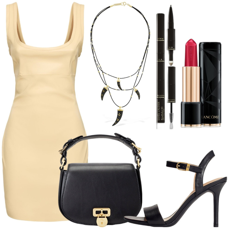 Outfit donna - Total look #1925517. Stile Sexy per Serata fuori. Abbinamento con eyeliner, rossetti, borse a tracolla, sandali in pelle, vestiti, collane.