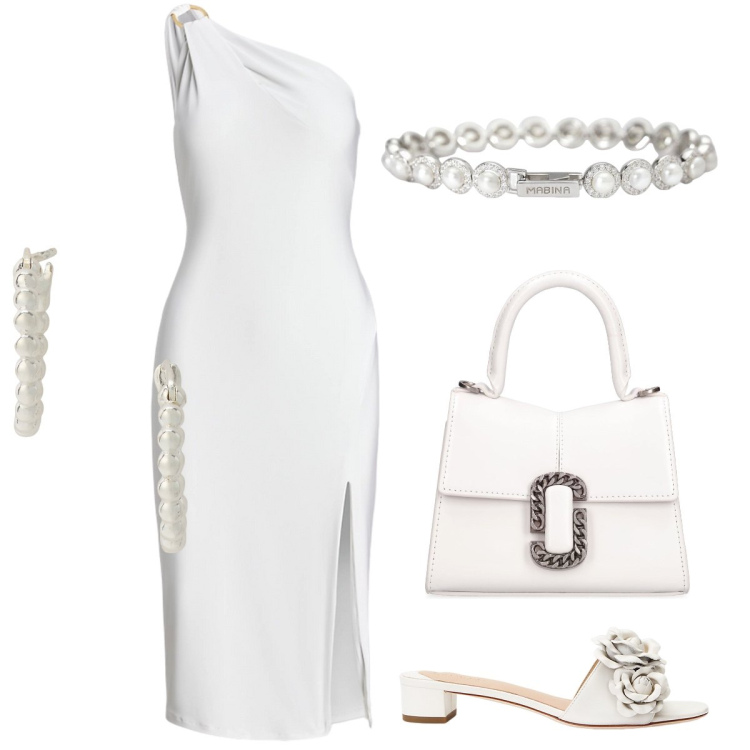 Outfit donna - Sposa in spiaggia. Stile Chic per Cerimonia. Abbinamento con braccialetti, orecchini, vestiti asimmetrici, sandali in pelle, borse a mano.